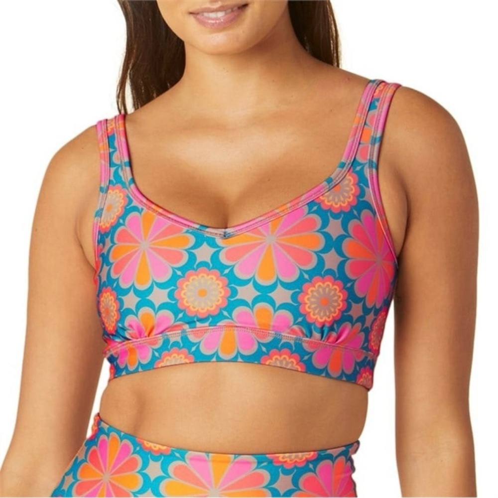 Beyond Yoga Teal Floral Sports Bra with Pink & Orange Accents